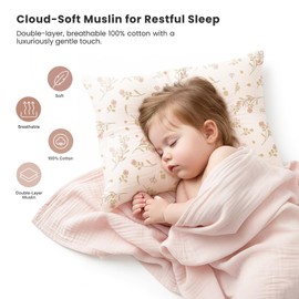 Konssy Muslin Toddler Pillowcase for 13x18 Pillow, 2 Pack Soft & Breathable Cotton Toddler Pillow Case, 100% Cotton Travel Pillow Covers for Baby Kids (Floral, Pink)