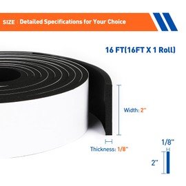 MAGZO Weather Stripping Door Seal, 2 Inch Wide X 1/8 Inch Thick Adhesive Foam Tape Soundproof Weatherstripping for Windows, 1 Roll Total 16FT Black