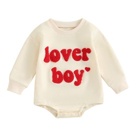 L&ieserram Infant Baby Boy Valentines Romper Outfit Fuzzy Letter Embroidery Long Sleeve Newborn Bodysuit Sweatshirt Clothes 0-18 Months (Beige, 0-3 Months)