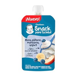 Gerber Snack Para Bebé Pouch, Etapa 4, A Partir de 12 Meses, Con Proteína y Sin Azúcar Añadida, Mora Azul, Plátano, Manzana y Yogurt, Caja con 12 Pouches de 95 g c/u