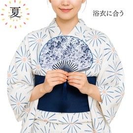 Letaya Women's Fan, Fashionable, Yukata, Summer, White, Navy, Blue, Green, Floral Pattern, Cute, Fan Bag Included, Bamboo Shell, Cool (Navy)