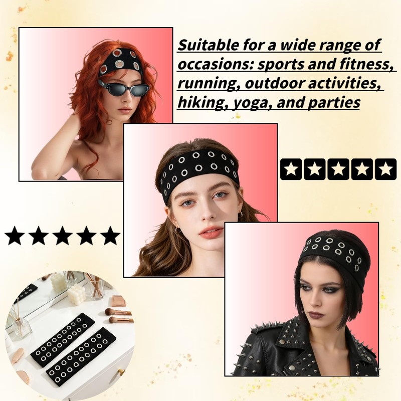2 Pcs Women Black Grommet Headbands, Elastic Studded Headband with