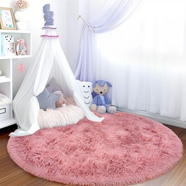 Awaytail Round Fluffy Rug 4FT Blush - Super Soft Circle Rug for Kids Room - Shaggy Circular Rugs for Nursery Fuzzy Plush Rugs for Teen's - Furry Carpet for Boys Girls Room