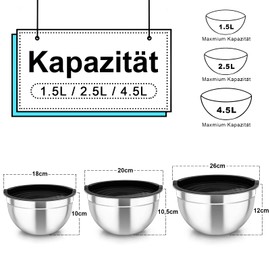 TEAMFAR Mixing Bowl, Set of 3, Stainless Steel Salad Bowl with Airtight Lid, Black Bowl Set Perfect for Baking/Preparing/Serving, 4.5 L / 2.5 L / 1.5 L, Dishwasher Safe