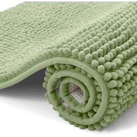 smiry Non Slip Chenille Bath Mat, 50 x 80 cm, Extra Soft Bathroom Mat, Super Absorbent Fluffy Bath Mats for Bathroom Floor, Machine-Washable Dry Bath Rug Foot Mat, Green