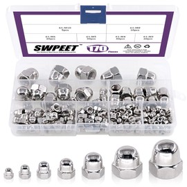 Swpeet 170Pcs 304 Stainless Steel Serrated Metric Acorn Cap Nuts Hex Dome Cap Assortment Kit, 7 Sizes - M3 M4 M5 M6 M8 M10 M12
