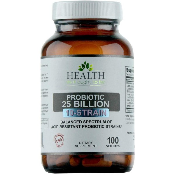Probiotic (10-Strain) 25 Billion CFUs - 100 Veggie Caps Physician Formulated Balanced Spectrum of Acid-Resistant Probiotic Strains