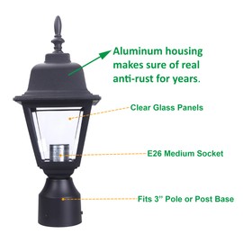 LIT-PaTH Outdoor Post Lighting Fixture Pole Lantern, E26 Medium Base Max 60W, Aluminum Housing Plus Clear Glass, Bulb Not Included, Matte Black Finish, 1-Pack