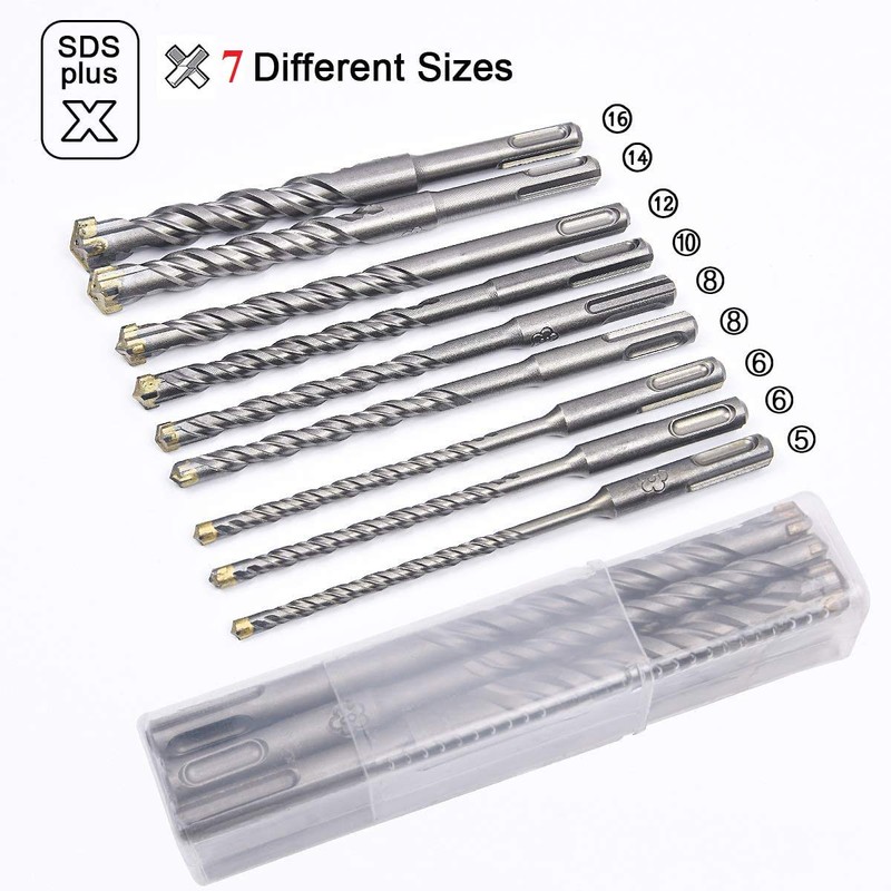 flintronic SDS-Plus Drill Bit Set, 9PCS (5mm~16mm) Cross Drill Bits,