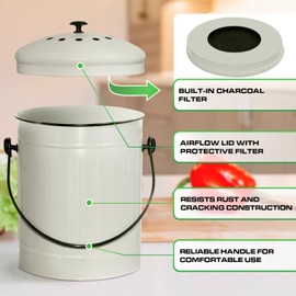 Plexon Kitchen Compost Bin Indoor with Lid, Off-White 1.5 Gallon Odorless Container, Steel Food Compost Bucket for Kitchen with Charcoal Filter, Compost Pail Countertop