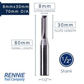 Rennie Tools - 8mm Cutting Diameter x 30mm Flute x 1/2" Shank Solid Carbide Tip 2 Flute Straight Router Cutter Bit. Compatible With Makita Trend Festool Hikoki Dewalt Router Etc. 8mm Router Bit