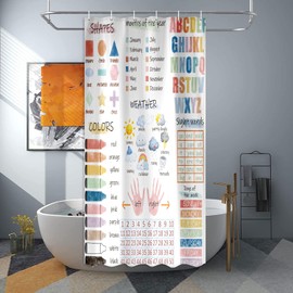 JAWO Kids ABC Educational Shower Curtain, Boho Watercolor Alphabet Pastel Numbers Shapes Colors Shower Curtains for Girls,Child Nursery Home Decor Polyester Fabric Kids Bathroom Set 12Hooks36X72