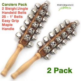 Jingle Bells, Sleigh Bells, Christmas Music, Holiday Sound, Deluxe Model, 25 Jingles on Maple Handle, 2 Pack for Carolers