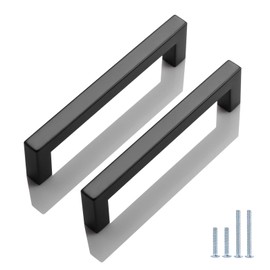 Probrico (6 Pack) Square Black Cabinet Handles 5 Inch(128mm) Hole Center Flat Black Drawer Pulls Stainless Steel Kitchen Cabinet Hardware