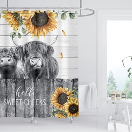 ZXMBF Farmhouse Highland Cow Shower Curtain Sunflower Funny Cattle Farm Western Wooden Fence Rustic Country Home Bathroom Decor Waterproof Fabric 72Lx72W Inch with 12PCS Hooks