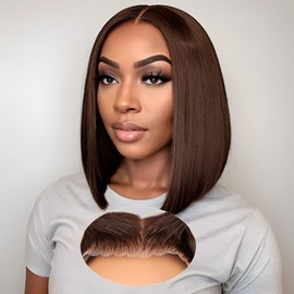 EAGERA Brown Wear and Go Glueless Wigs Human Hair Pre Plucked Pre Cut 14 Inch 9x6 Chocolate Brown Glueless Bob HD Lace Closure Wig Bleached Knots Short Brown Straight Wig 180% Density for Women