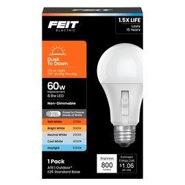 Feit Electric LED Dusk-to-Dawn Light Bulb, A19 60W Equivalent, 5CCT, Non-Dimmable, E26 Medium Base, 90 CRI, 800 Lumens, Adjustable White, 13 Years Lifetime, OM60/5CCTCA/DD/LEDI