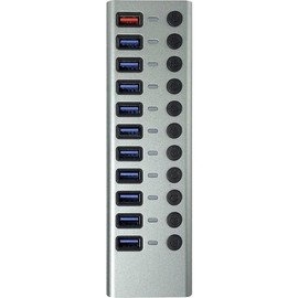 MaxTrack USB 3.0 Hub CH12L - USB 3.0 Hub with 10 USB Ports, 1 Charging Port for Mobile Devices, USB Hub with Power Supply, 5 Gbps, USB Hub Active, 2.4 A Charging Station, Individually Switchable