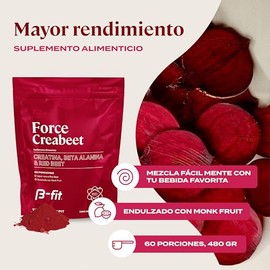 B-FIT Creabeet - Creatina Monohidratada Pura en Polvo | 60 Servicios, 480g, Suministro 2 Meses, Sabor Natural Red Beet, Pre Entreno, Suplemento Deport