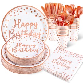 Supernal 350pcs Rose Gold Plates and Napkins Party Supplies,Birthday Plates,Happy Birthday Paper Plates,Rose Gold Birthday Plates and Napkins,Cups,Forks,Knives,Spoon for Women Birthday Decorations