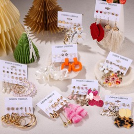 58 Pairs Earrings Set for Women, Funtopia Fashion Drop Dangle Hoop Stud Earrings Pack, Tassel Acrylic Pearl Earrings Multipack for Birthday Party Jewelry