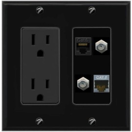Wall Plate City CAT6 CAT7 2 COAX Port Wall Plate Black w Power Outlet