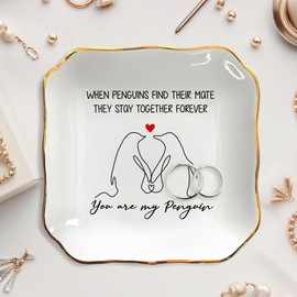 Valentines Gifts for Her Wife - Romantic Decorative Tray, Anniversary Wedding Gifts for Women Her Girlfriend Wife Penguin Lovers - 4"x4" Porcelain Jewelry Dish Tray