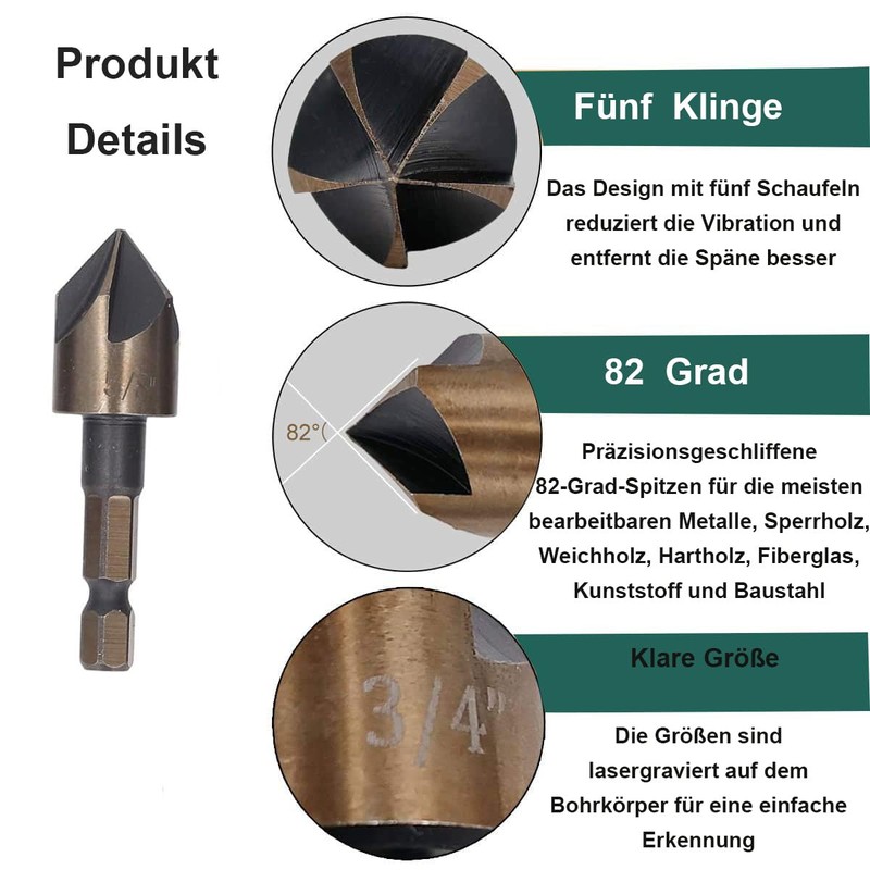KEWAYO Countersink Drill Bit Set for Metal, Countersink 82°, Countersink