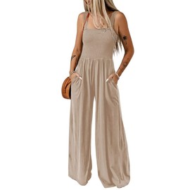 Dokotoo Womens Casual Loose Overalls One Piece Sleeveless Jumpsuits for Women Stretchy Wide Leg Long Pant Rompers Jumpsuit with Pockets Small Apricot