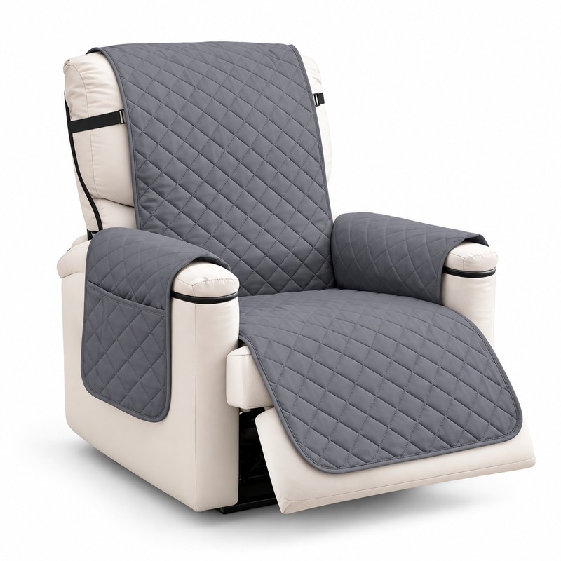 Gray Quilted Recliner Cover with Polyester Fabric, Side Storage Pocket