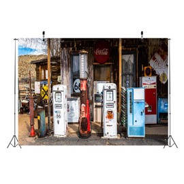 Loccor 7x5ft Fabric Retro Gas Station Backdrop for Photography Historic Route 66 Hackberry General Store Rustic Gas Station Background for Route 66 Travel Theme Party Decoration Photo Studio Props