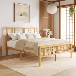 Hunlostten 12 in High Bamboo Wood Full Size Bed Frame with Headboard & Footboard, Platform Bed Frame Full Size with Steel Slats Support, Heavy Duty, No Box Spring Needed, Easy Assembly