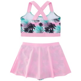 Kinberr Girls Bathing Suits Summer Tropical Palm Tree Tankini Aloha Rash Guard Crisscross Back Bikini Sets for Beach Size 8-9