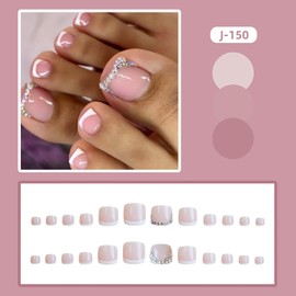 French Tip Press on Toenails White Full Cover Fake Toenails Short Square Summer False Toenails Charm Toe Nails Press ons with Elegant Rhinestone Border Design Glossy Toenails for Women Girls 24 Pcs
