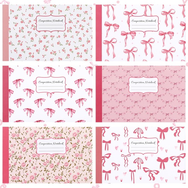 Fullhawl 6 Pcs Bow Composition Notebooks, Half Size Preppy Coquette