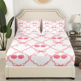 Juego de sábanas con lazo cerezo para decoración del hogar, juego de sábanas con lazo rosa y blanco, bolsillo profundo, diseño de princesa de hadas con rejillas cruzadas de patchwork, tamaño