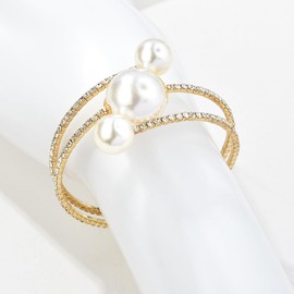 Dainty Rhinestone Silver Gold Pearl Open Bangle Bracelet Fashion Chunky Gold Bracelets Wedding Sparkly Layered Bracelet Adjustable Pearl Bracelets for Women-A