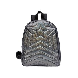 Children's Girls Roxy Style Holographic Star Black Backpack Rucksack School Travel Bag, Star embossed with Pom Pom