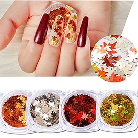 HANAKIN Fall Nail Art Maple Leaf Shape Holographic Glitter Flake Sequins, Red Yellow Silver Orange 4 Mixed Colors Manicure Tips for Acrylic Nail Kits, Women Nail Art Supplies Nail Decor Accessories.