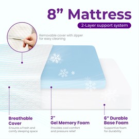 GAESTE 8 Inch Twin Cooling Gel Memory Foam Mattress for Cool Sleep Medium Firm CertiPUR-US Certified Foam, Mattress in a Box Pressure Relief Removable Cover No Fiberglass (Twin, 8 in)