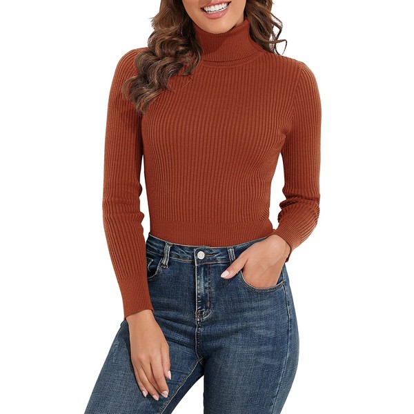 PrettyGuide Women's Ribbed Turtleneck Long Sleeve Sweater Brick Red M