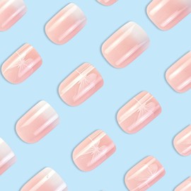 Gradient Pink Press on Nails Short Square Fake Nails with White Butterfly Designs Pink White Gradient Full Cover Glue on Nails Press ons Acrylic False Nails for Women 24 Pcs