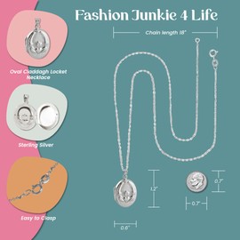 FashionJunkie4Life Sterling Silver Oval Locket Necklaces for Women, 18" Cable Chain, Sterling Silver, No Gemstone