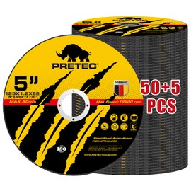 Cut Off Wheels 5", PRETEC 50+5 Pack Metal Cutting Wheel,Thin 125mm Metal & Stainless Steel Fast Cutting Discs for Angle Grinder - 7/8" Arbor Hole, 5"x 1/24" x 7/8" 55 PCS