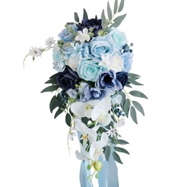 Lovmeety Dusty Blue Cascading Wedding Bouquet, Waterfall Bridal Bouquet Silk Teardrop Rose Bouquet with Orchid Flowers for Wedding Anniversary Ceremony Party Church Decor