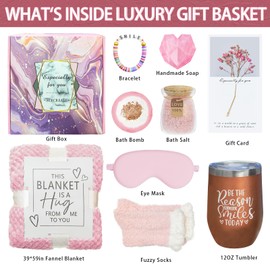 Acecreate Birthday Gifts for Women Self Care Gifts Get Well Soon Gifts, Rose Relaxing Spa Gifts Basket Care Package with Luxury Flannel Blanket, Unique Mothers Day Gifts Idea for Mom Pink