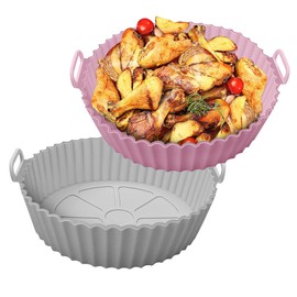 2 Piezas Olla De Silicona para Freidora de Aire,Accesorio sin Aceite,Bandeja Airfryer Antiadherente,Reemplazo Reutilizable de Revestimiento,Molde Silicona Freidora Cesta para Horno, Microondas (gris+rosado)