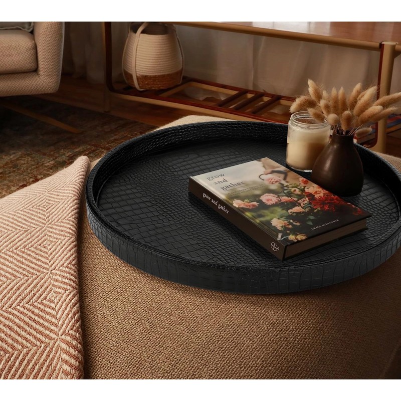 HofferRuffer Round Serving Tray 20'', Elegant Faux Leather Circle Ottoman