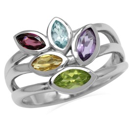 Silvershake Natural Peridot Amethyst Citrine Rhodolite Garnet and Topaz 925 Sterling Silver 3 Lines Leaf Ring Size 9