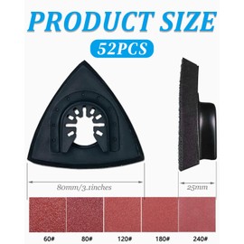 QLEUIFT Set of 52 Triangle Sanding Discs for Sanders Multitool Sanding Plate Accessories for Polishing Furniture and Removing Rust Sandpaper 80 mm for Sanding Wood